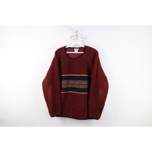 Vtg 90s Streetwear Womens Petite Large Rainbow Striped Deep Pile Fleece Sweater